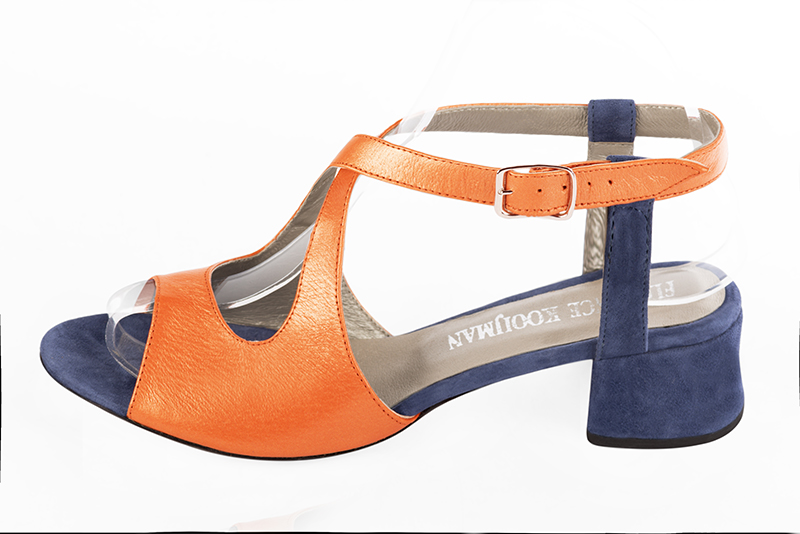 French elegance and refinement for these prussian blue and apricot orange open back dress sandals, with crossed straps, 
                available in many subtle leather and colour combinations. "The best" for day and night.
This pretty sandal will save you the discomfort of openwork straps.
Its stable heel and adjustable cross-over straps will keep your foot in place.   
                Matching clutches for parties, ceremonies and weddings.   
                You can customize these sandals to perfectly match your tastes or needs, and have a unique model.  
                Choice of leathers, colours, knots and heels. 
                Wide range of materials and shades carefully chosen.  
                Rich collection of flat, low, mid and high heels.  
                Small and large shoe sizes - Florence KOOIJMAN